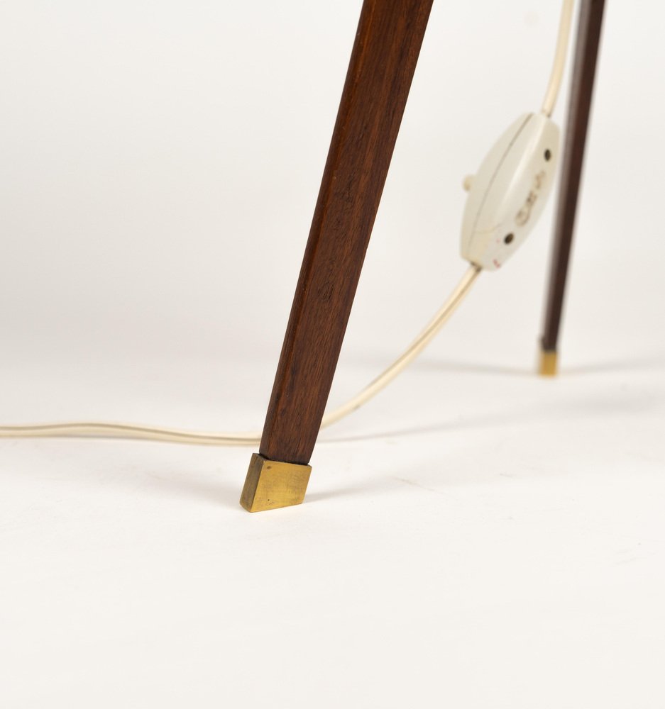 Tripod Table Lamp in Teak, Opaline Glass and Brass in the style of Stilnovo, Italy, 1960s