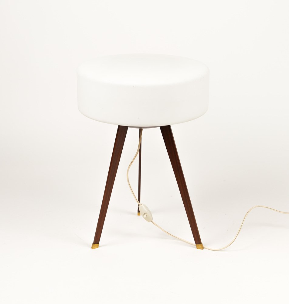 Tripod Table Lamp in Teak, Opaline Glass and Brass in the style of Stilnovo, Italy, 1960s