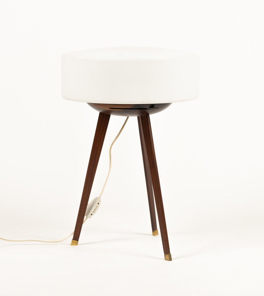 Tripod Table Lamp in Teak, Opaline Glass and Brass in the style of Stilnovo, Italy, 1960s