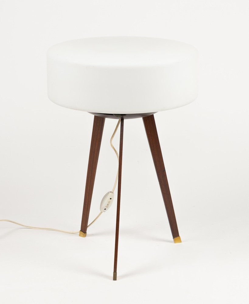 Tripod Table Lamp in Teak, Opaline Glass and Brass in the style of Stilnovo, Italy, 1960s