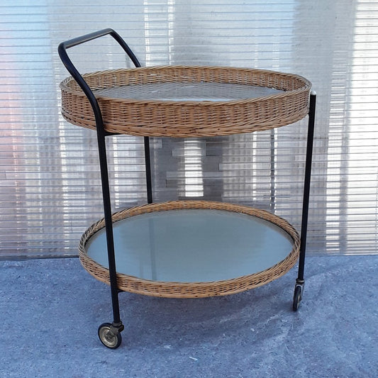 Tripod Tea Trolley with Black Lacquered Iron Frame, Castors & Removable Basket Trays, 1970s