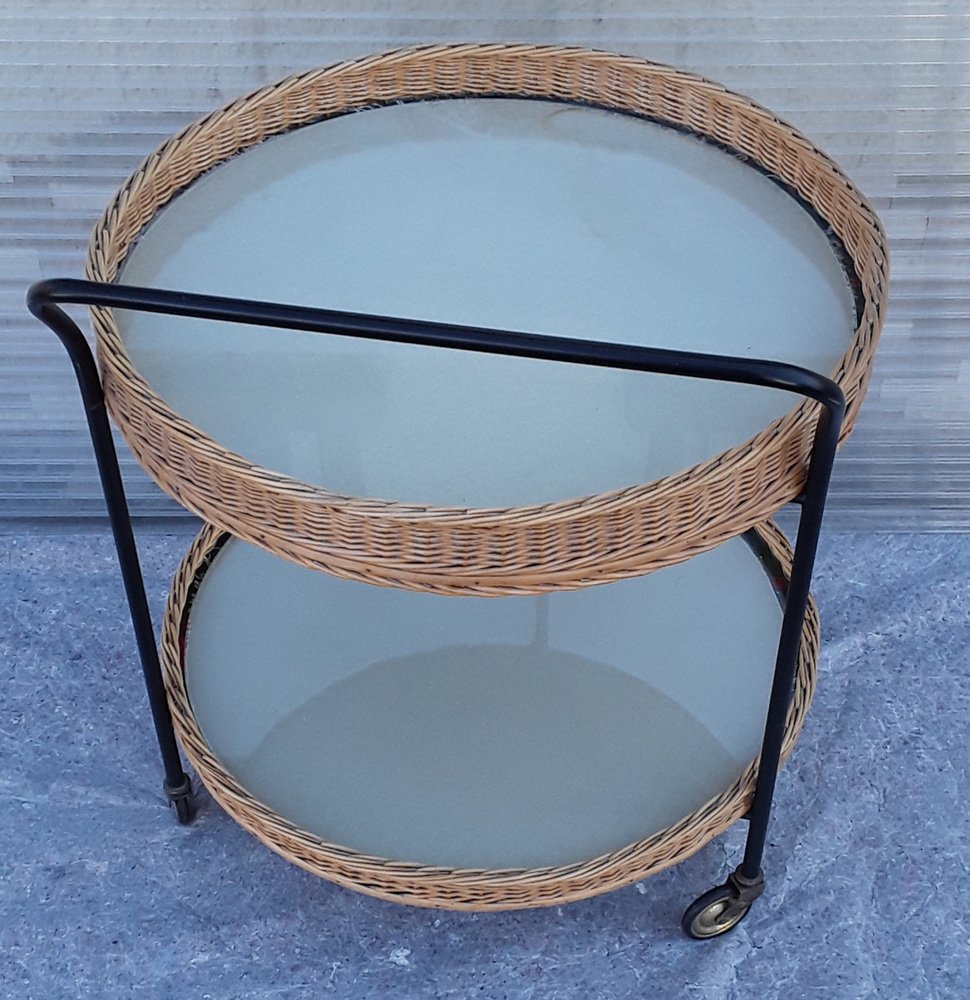 Tripod Tea Trolley with Black Lacquered Iron Frame, Castors & Removable Basket Trays, 1970s