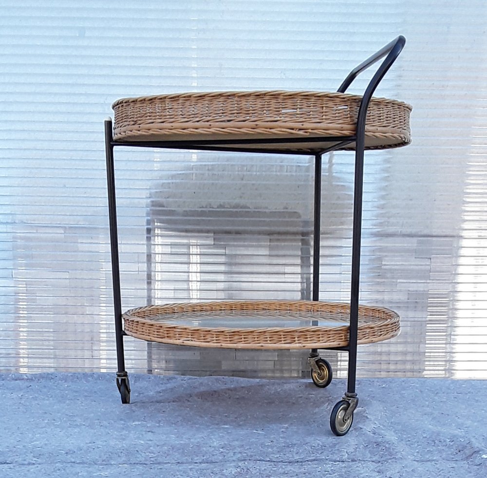 Tripod Tea Trolley with Black Lacquered Iron Frame, Castors & Removable Basket Trays, 1970s