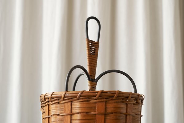 Tripod Umbrella Stand in Rattan and Metal, 1940s-FEW-2024205