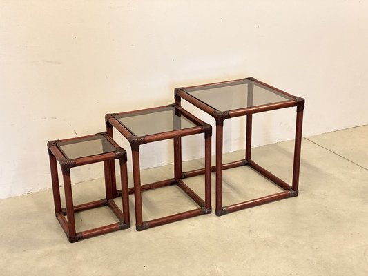 Triptych Bamboo Tables in Leather, 1970s, Set of 3-NPC-1609719