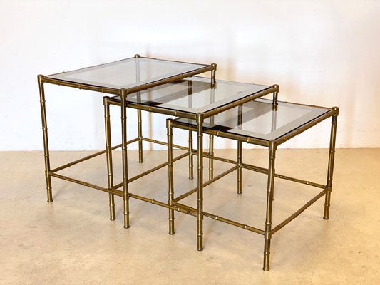 Triptych of Brass Tables in Faux Bamboo, 1970s, Set of 3-NPC-963320