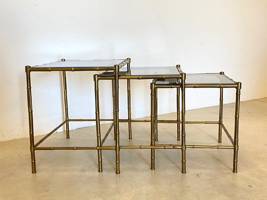 Triptych of Brass Tables in Faux Bamboo, 1970s, Set of 3-NPC-963320