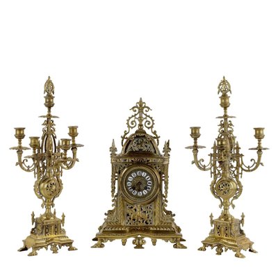 Triptych with Clock in Gilt Bronze, Set of 3-VMM-2036347