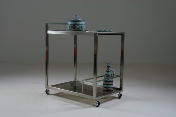 Trolley in Brushed Metal and Smoked Glass, 1970s-OTV-2035925