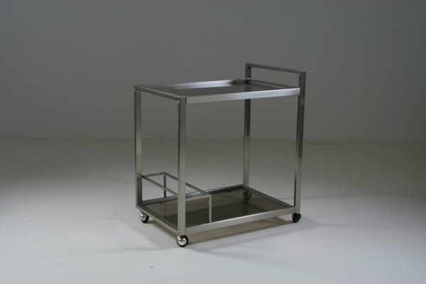 Trolley in Brushed Metal and Smoked Glass, 1970s-OTV-2035925