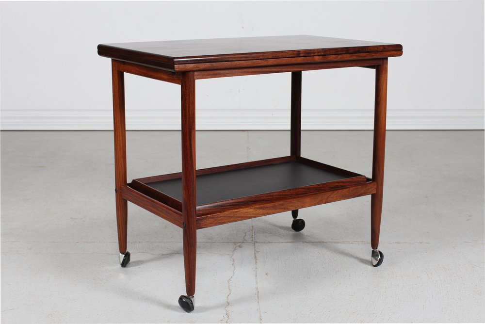 Trolley in Rosewood and Black Formica with Foldable Table Top and Removable Tray by PJ Møbler, Denmark, 1970s