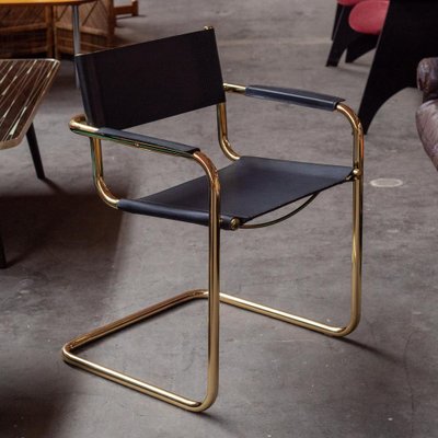 Tubular Dining Chairs in Brass and Black Leather, 1970s, Set of 4-QVY-1796390