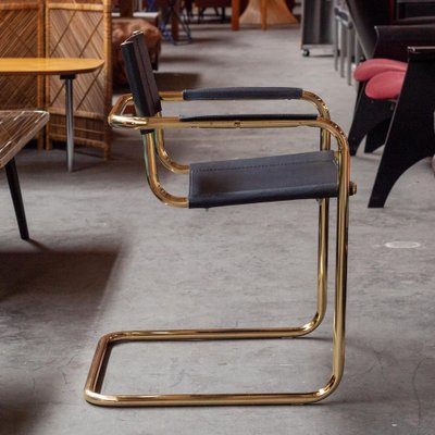 Tubular Dining Chairs in Brass and Black Leather, 1970s, Set of 4-QVY-1796390