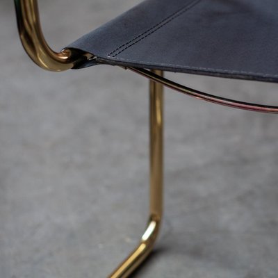 Tubular Dining Chairs in Brass and Black Leather, 1970s, Set of 4-QVY-1796390