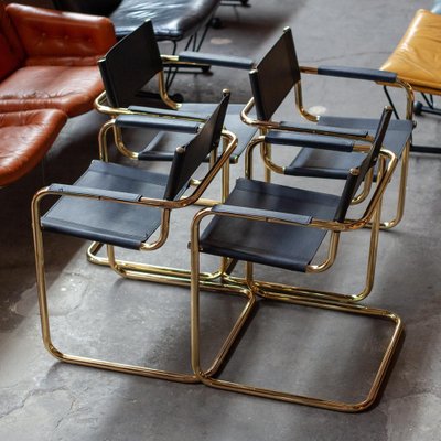 Tubular Dining Chairs in Brass and Black Leather, 1970s, Set of 4-QVY-1796390