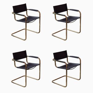 Tubular Dining Chairs in Brass and Black Leather, 1970s, Set of 4-QVY-1796390