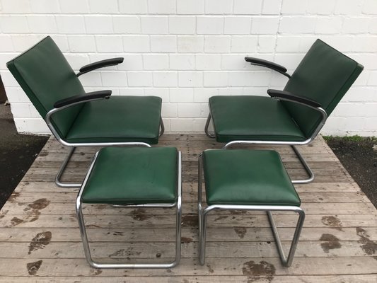 Tubular Steel Lounge Chairs and Stools from Drabert, 1940s, Set of 4-EXJ-552262