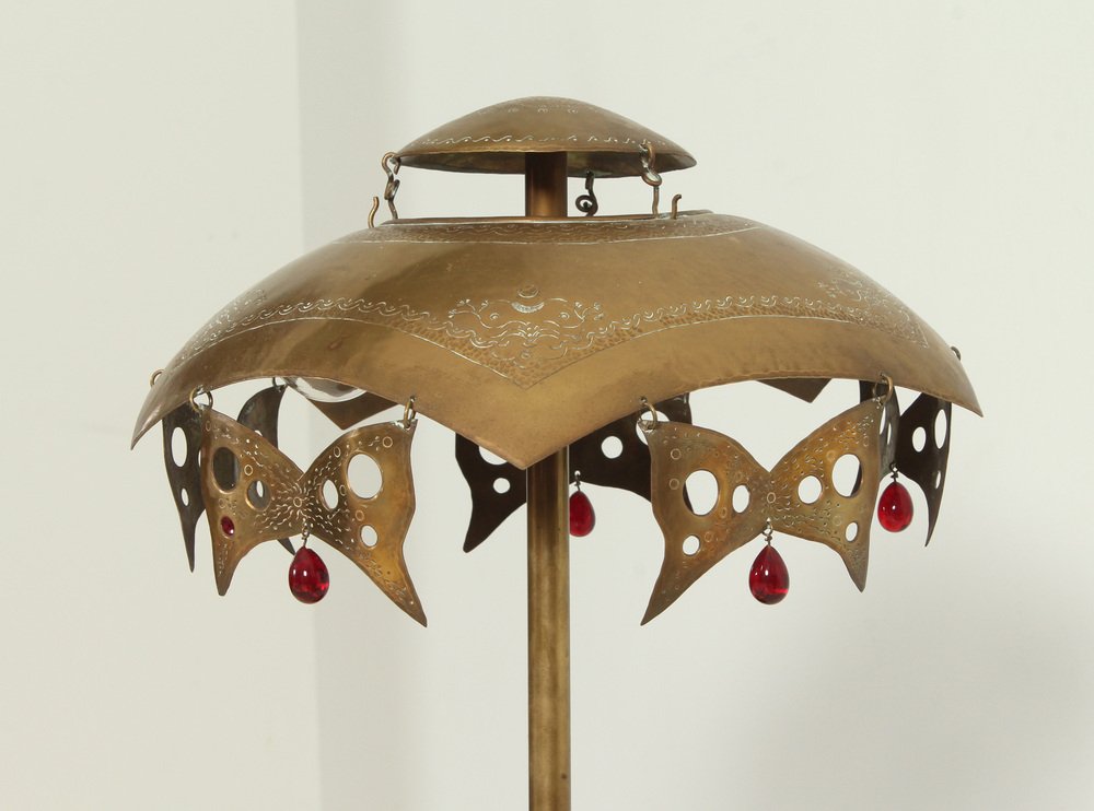 Turkish Brass Table Lamp with Masks, 1950s