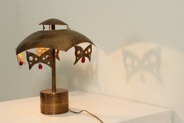 Turkish Brass Table Lamp with Masks, 1950s-UB-1797276