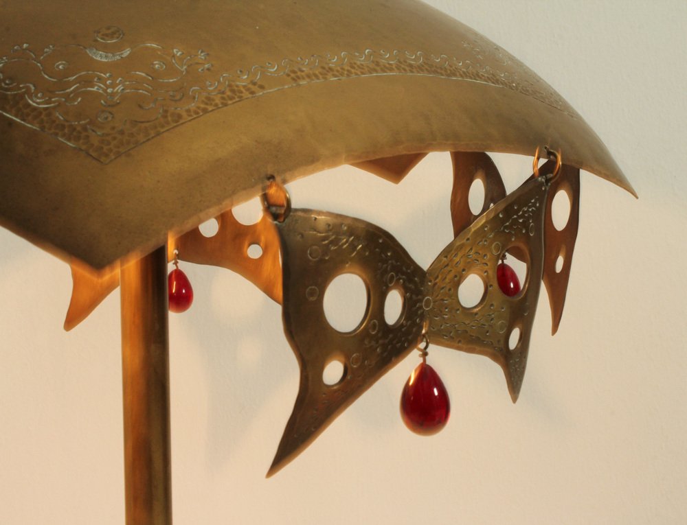 Turkish Brass Table Lamp with Masks, 1950s