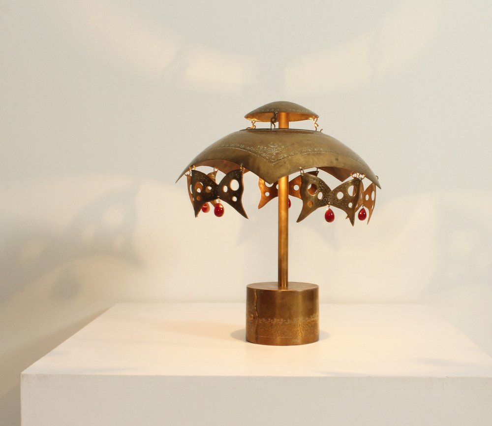 Turkish Brass Table Lamp with Masks, 1950s