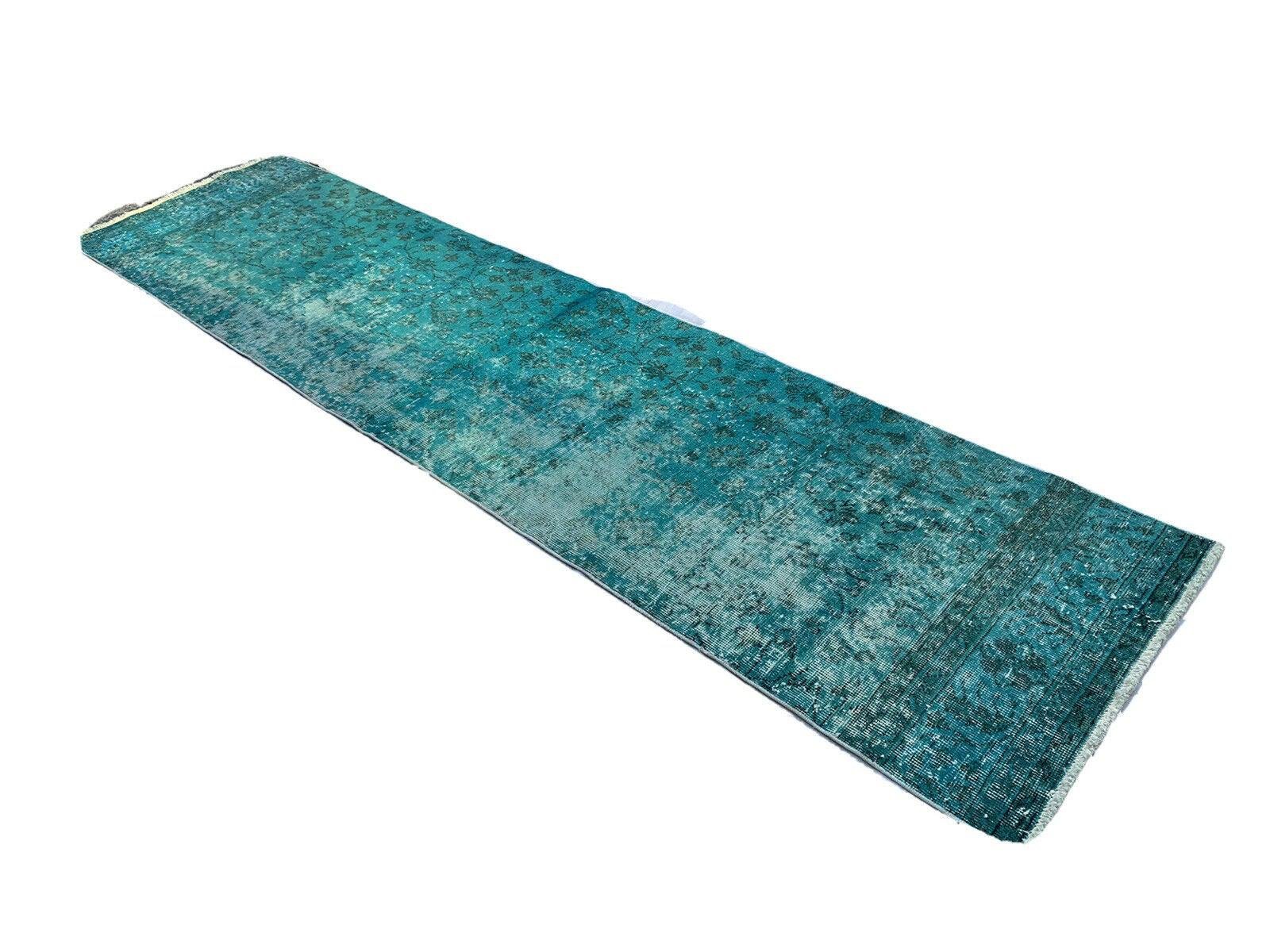 Turkish Distressed Overdyed Turquoise Wool Narrow Runner Rug