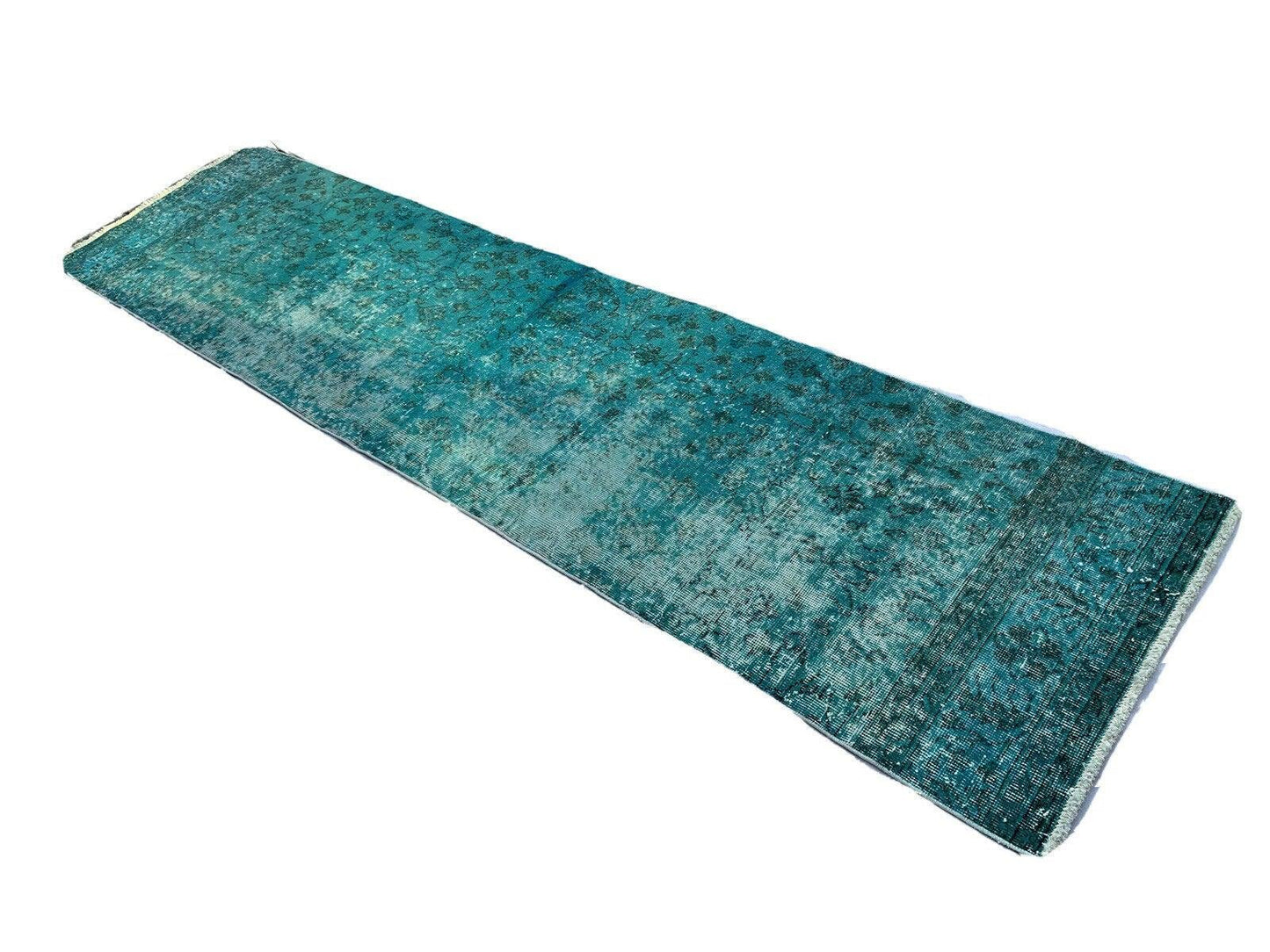 Turkish Distressed Overdyed Turquoise Wool Narrow Runner Rug