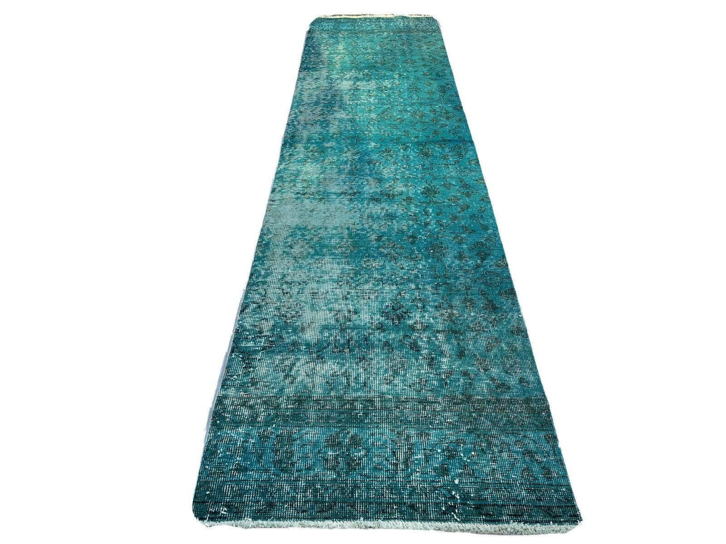 Turkish Distressed Overdyed Turquoise Wool Narrow Runner Rug