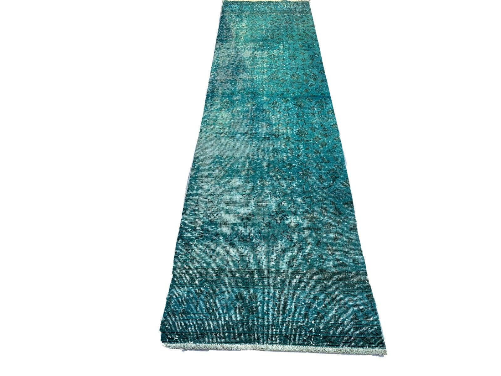 Turkish Distressed Overdyed Turquoise Wool Narrow Runner Rug