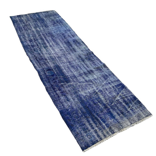 Turkish Overdyed Blue Narrow Runner Rug in Wool