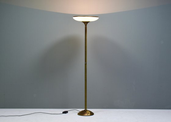 Turned Brass and Opaline Glass Floor Lamp from Relco Milano, Italy, 1970s-TE-1812074