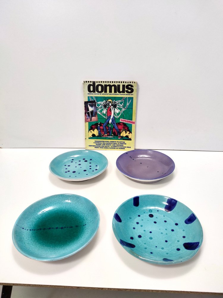 Turquoise Earthenware Vide-Poche / Decorative Plates by Albisola, 1950s, Set of 4