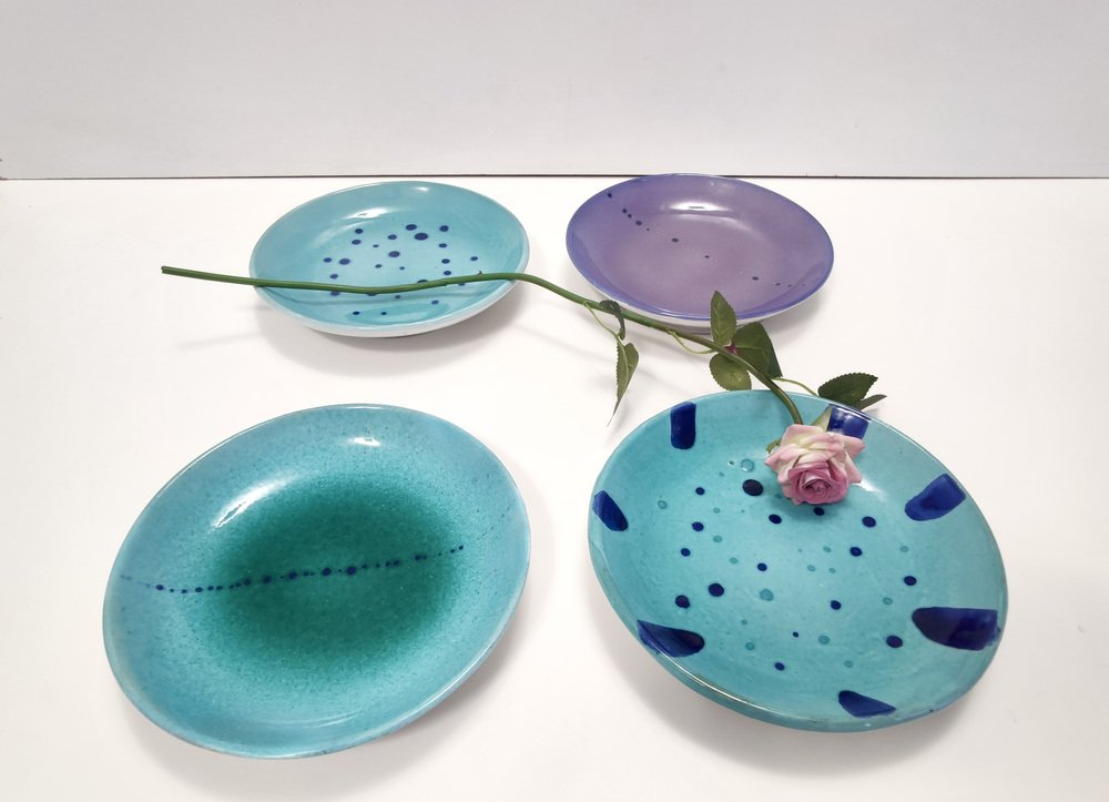 Turquoise Earthenware Vide-Poche / Decorative Plates by Albisola, 1950s, Set of 4