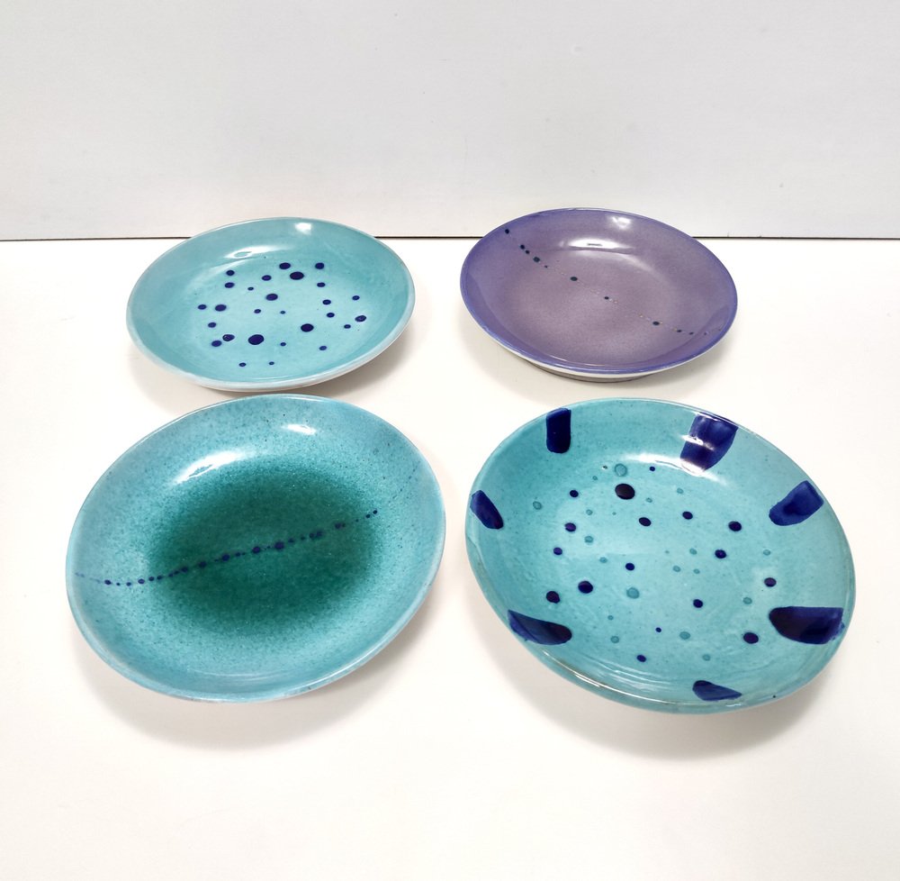 Turquoise Earthenware Vide-Poche / Decorative Plates by Albisola, 1950s, Set of 4