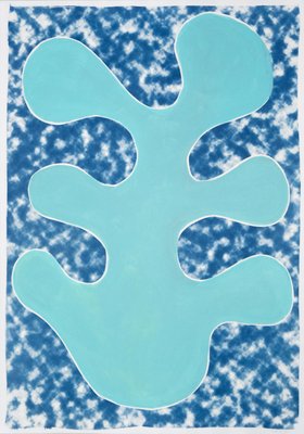 Turquoise Leaf Cutout on Abstract Cloudy Background, Cyanotype, 2020-RWC-789792