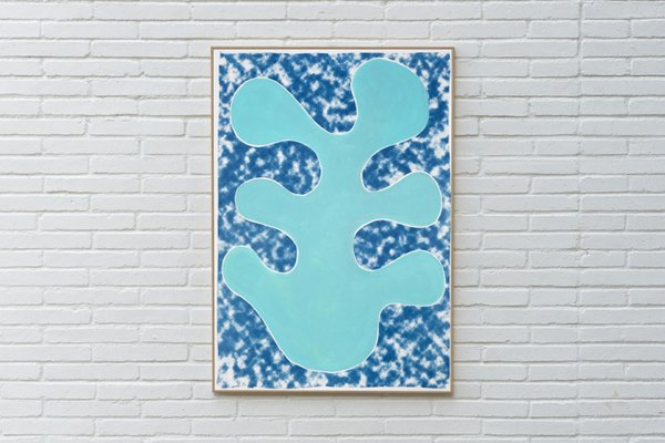 Turquoise Leaf Cutout on Abstract Cloudy Background, Cyanotype, 2020-RWC-789792