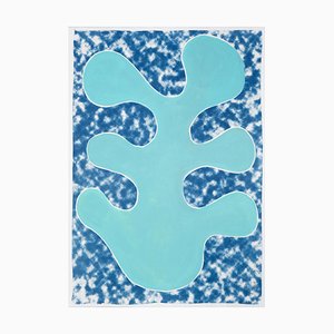 Turquoise Leaf Cutout on Abstract Cloudy Background, Cyanotype, 2020-RWC-789792