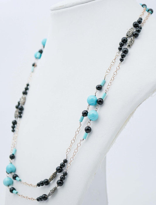 Turquoise & Onyx with Rose Gold and Silver Necklace