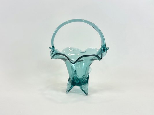 Turquoise Polish Glass Basket from Ząbkowice Glassworks, 1960s-ZCY-2031591