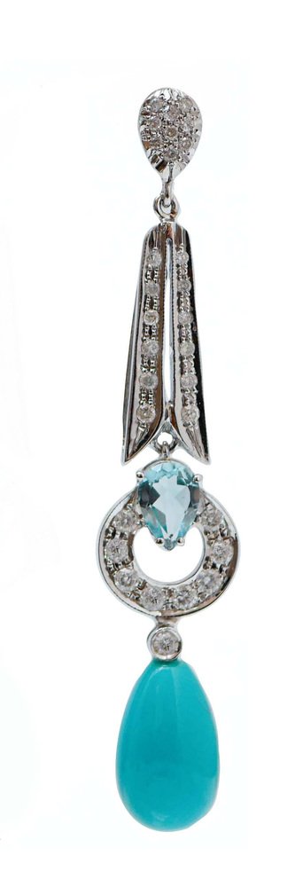 Turquoise, Topazs, Diamonds, 14 Karat White Gold Dangle Earrings, Set of 2