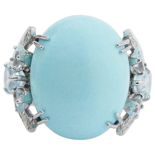 Turquoise, Topazs, Diamonds, Platinum and 14 Karat White Gold Ring