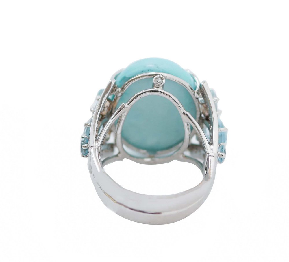 Turquoise, Topazs, Diamonds, Platinum and 14 Karat White Gold Ring