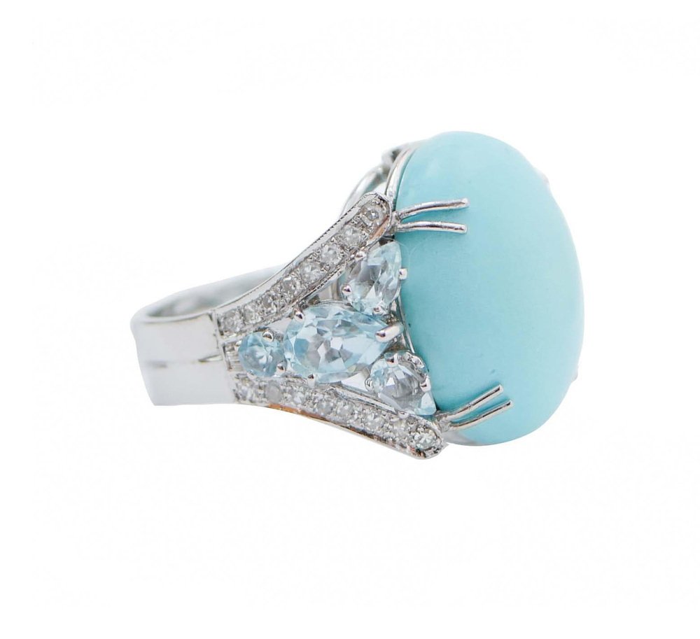 Turquoise, Topazs, Diamonds, Platinum and 14 Karat White Gold Ring