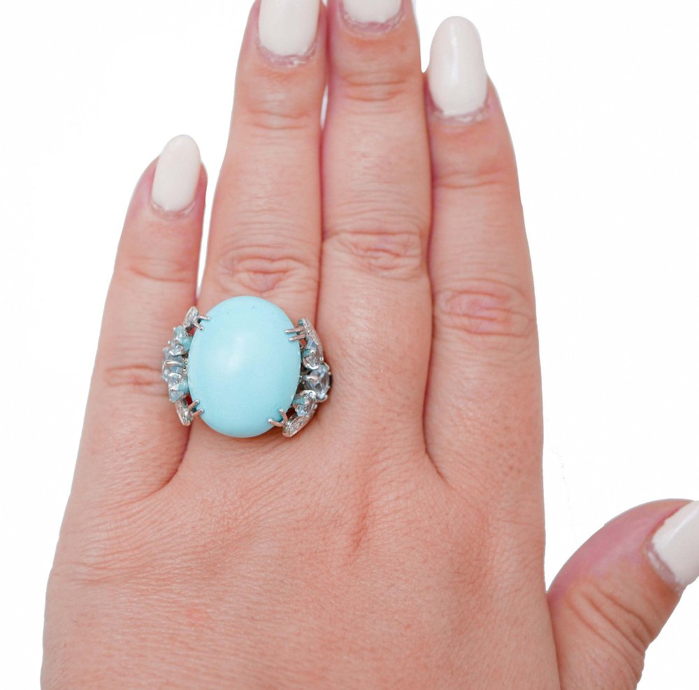 Turquoise, Topazs, Diamonds, Platinum and 14 Karat White Gold Ring