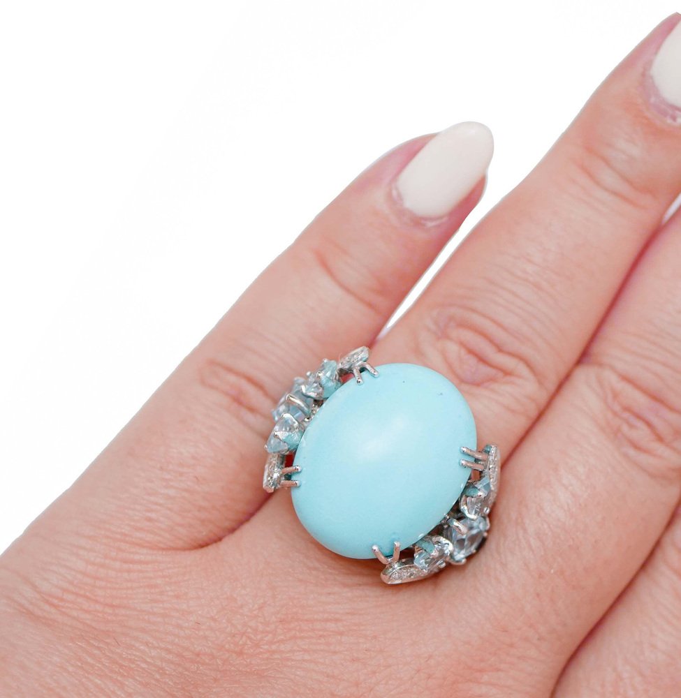 Turquoise, Topazs, Diamonds, Platinum and 14 Karat White Gold Ring