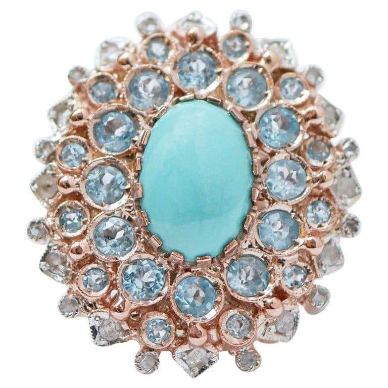 Turquoise, Topazs, Diamonds, Rose Gold and Silver Ring