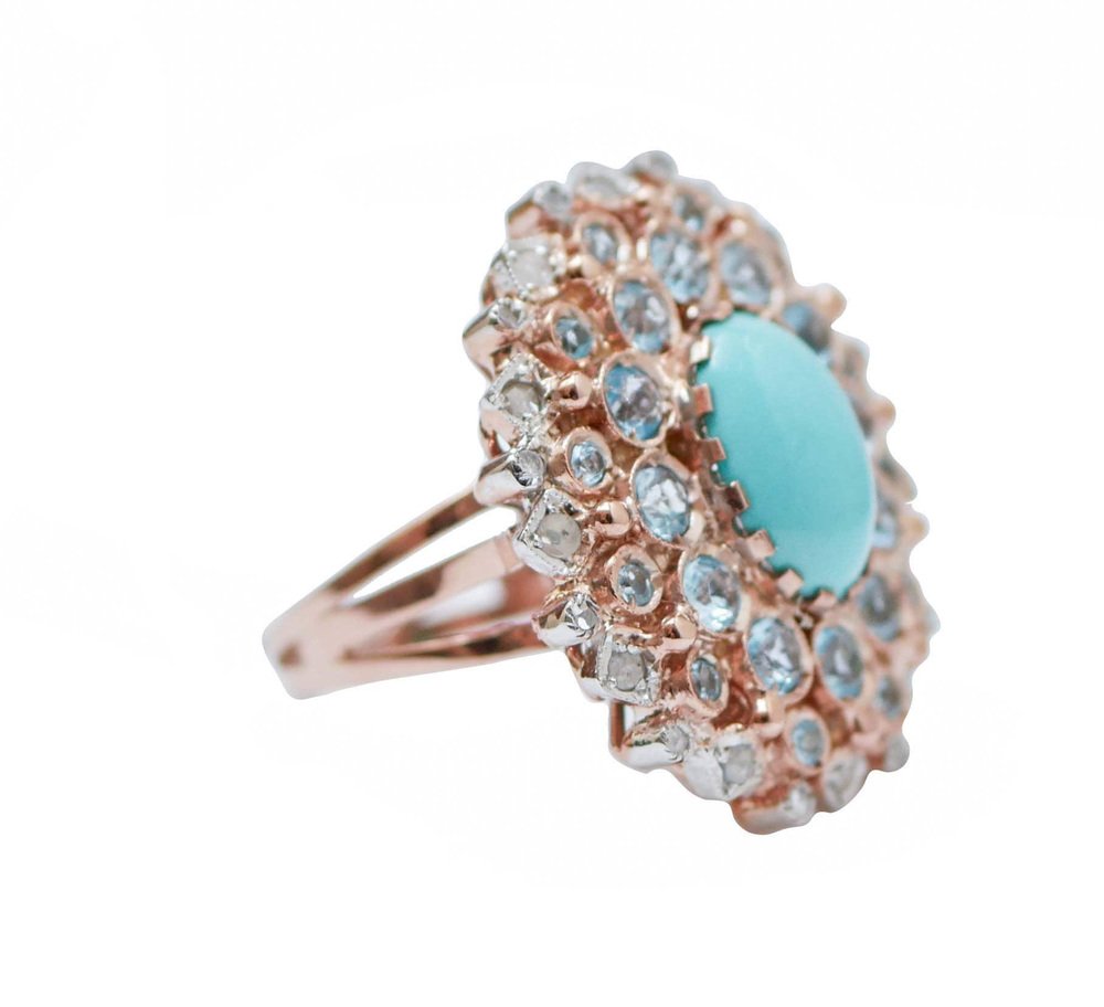 Turquoise, Topazs, Diamonds, Rose Gold and Silver Ring