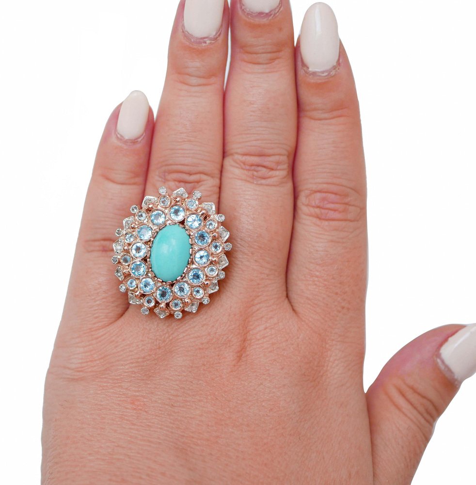 Turquoise, Topazs, Diamonds, Rose Gold and Silver Ring