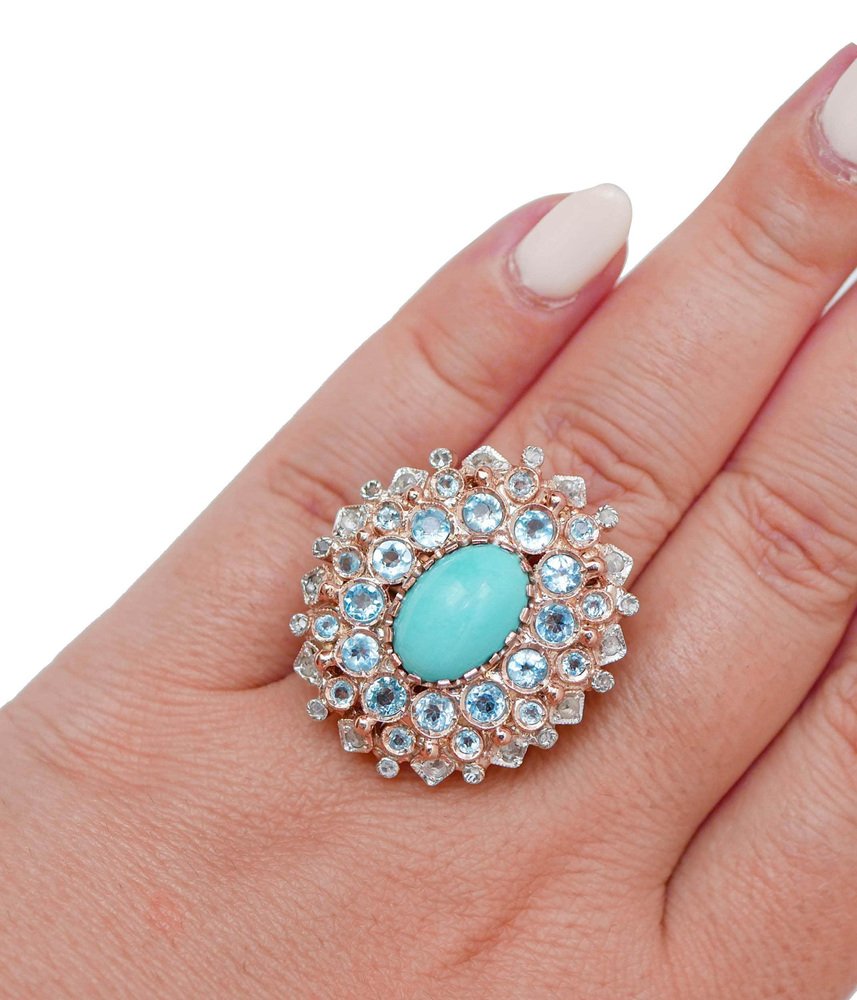 Turquoise, Topazs, Diamonds, Rose Gold and Silver Ring