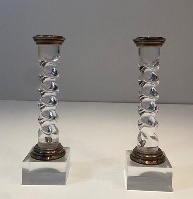 Twisted Candlesticks in Silver Plated Metal and Acrylic Glass, France, 1970s, Set of 2-BA-803684